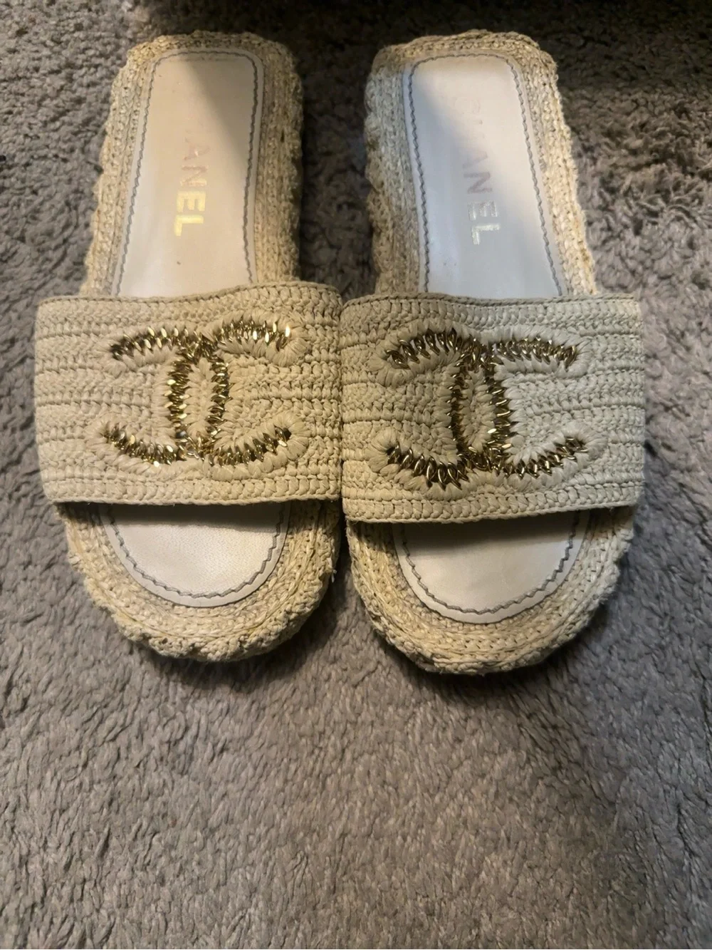 CHANEL Cream Braided Slide Sandals with Gold CC Detail